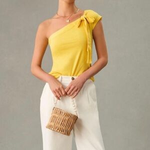 Maeve Anthropologie Yellow One Shoulder Bow Shirt